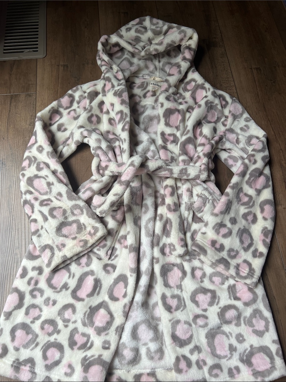 Hatley Pink and Gray Leopard Plush Hooded Robe